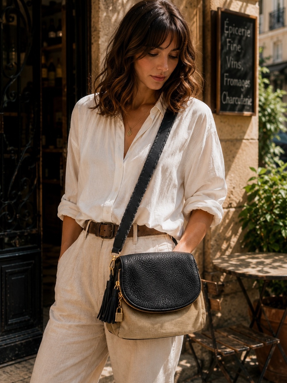 Henri Bendel Black Leather Canvas Crossbody Bag Lock Key Boho Luxe Collector